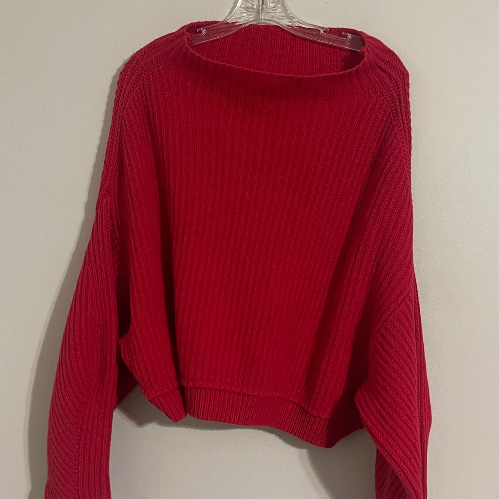 Free People red knit crop oversized dolman sleeve sweater XS